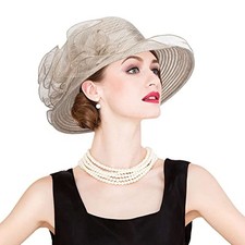 Women Organza Sun-Hats Wide-Brim Church-Hats for Tea Party One Size Khaki