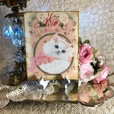 Joyeux Noel, Pink Christmas, Cat,  White Kitten, Handcrafted Plaque / Sign