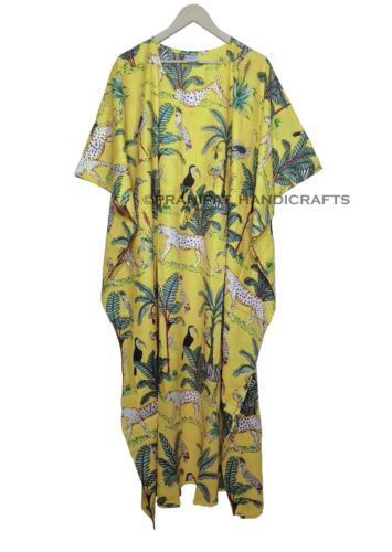 Animal Algodón Estampado Verano Amarillo Pijama Gypsy Largo Mujer Vestido Caftán - Imagen 2 de 9