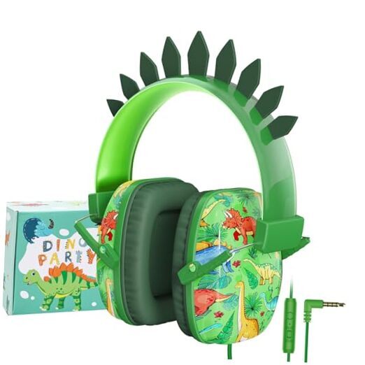 Dinosaur Headphones for Boys to School, Kids Wired Headphones with green dino
