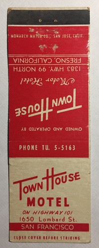 Vintage Matchbook Cover Town House Motel Lombard St. - San Francisco, California