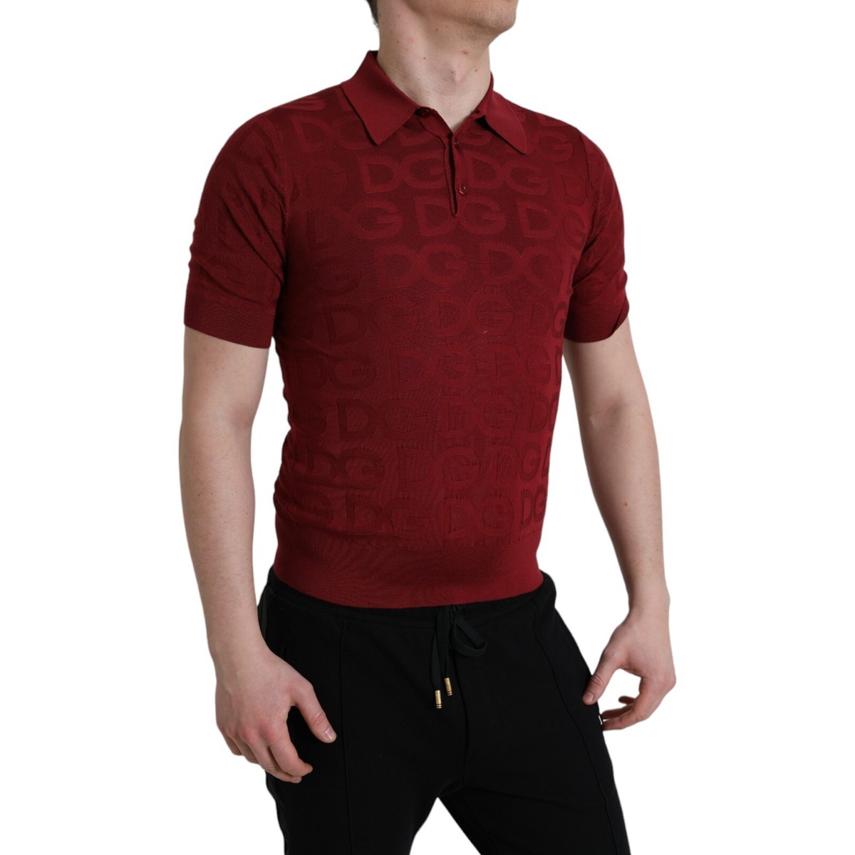 DOLCE & GABBANA T-shirt Maroon Collared Short Sleeve Silk IT44