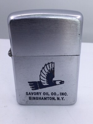 ZIPPO 1950/57 - F/S NAVY BLUE ENAMEL EAGLE & SAVORY OIL CO. AD (I1231)