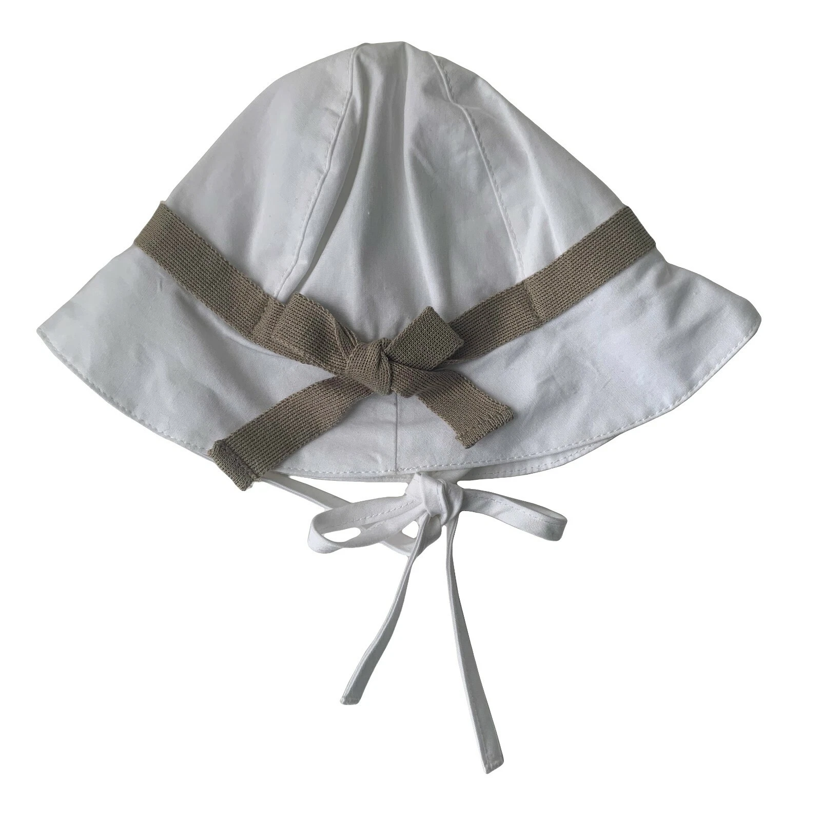 Frilo Hat Baby size 1M White Sun Cap of Finest Cotton with Sand Ribbon Trim