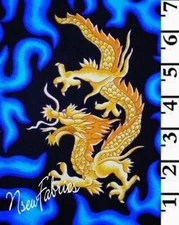 Golden Dragon Fabric Oriental Blue FLAMES Cotton DIY Asian Crafts BTY