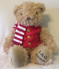 FAO Schwarz TEDDY BEAR Tan With Scarf  Removable Puffer Vest Jacket 12" Sitting