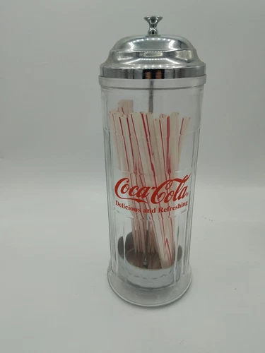 1992 Vintage Coca-Cola Straw Dispenser Diner Style Glass Holder Chrome Top Coke