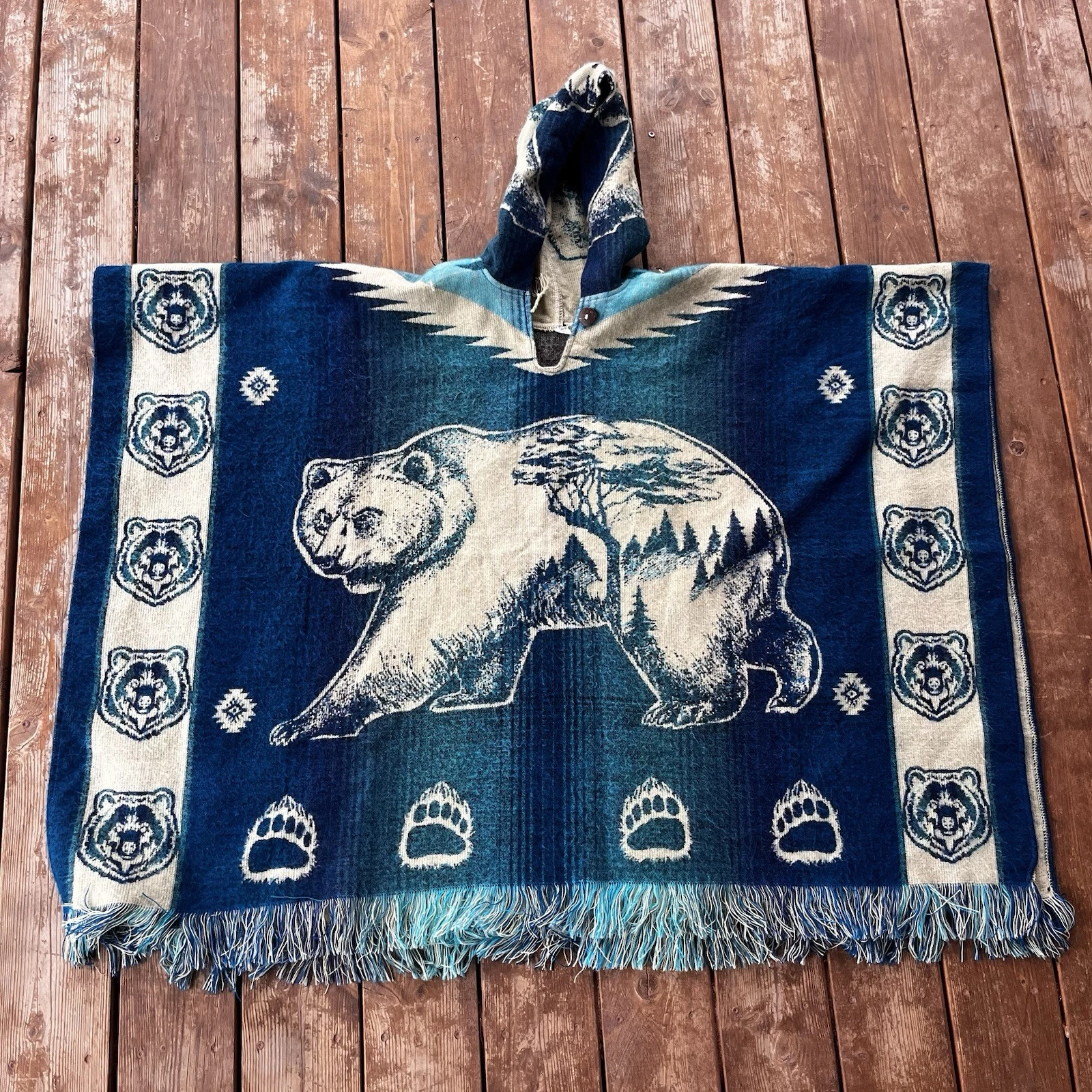 Made in Ecuador Hooded Poncho - Blue White Bears 60% Wool One Size