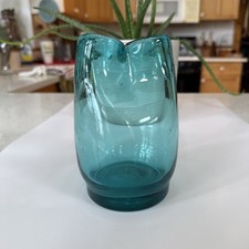 Vintage Hand Blown ART Glass Vase Pinched Double Mouth X2 Turquoise Unique