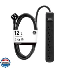 GE 6-Outlet Power Strip, 12 Ft Extension Cord, Flat Plug, Grounded, Integrate