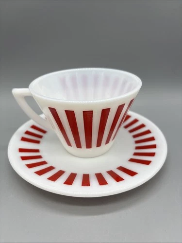 Vintage Hazel Atlas “Candy Stripe” Milk Glass Teacup and Saucer Set  1950s USA