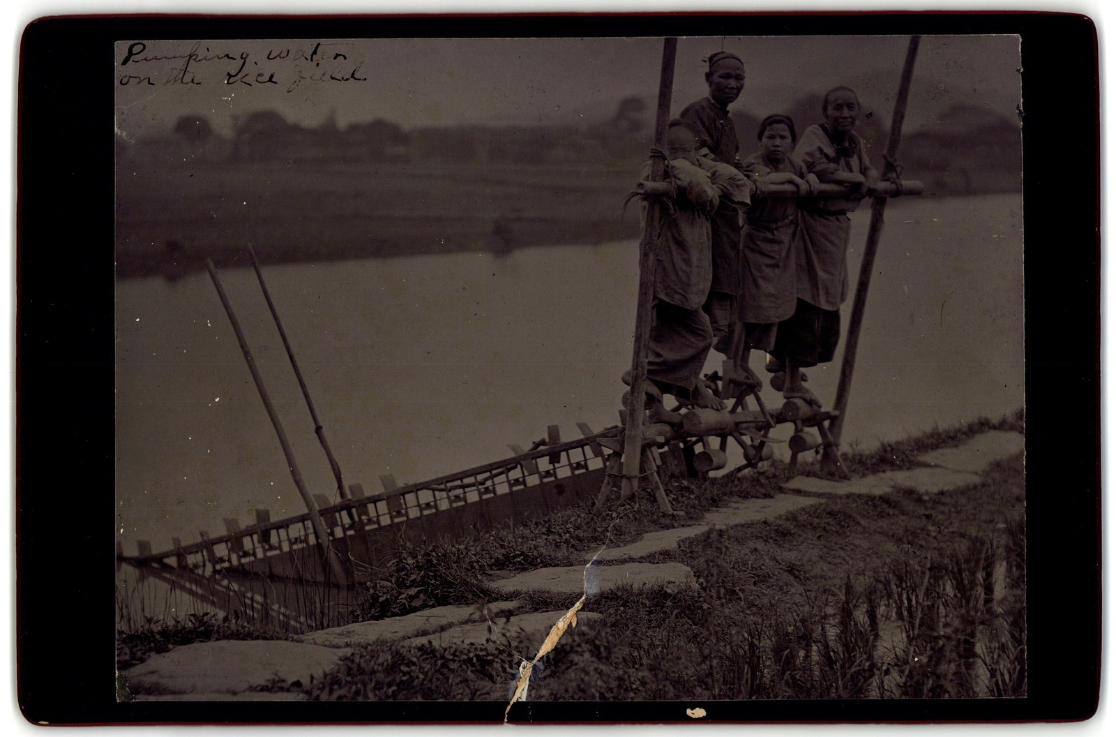 Cabinet Card Circa 1890s Three Asian Women In Period Dress Using Rice Pump Farm