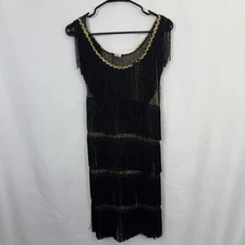 Vintage Black And Gold Sequin Fringe Flapper Halloween Theater Dress