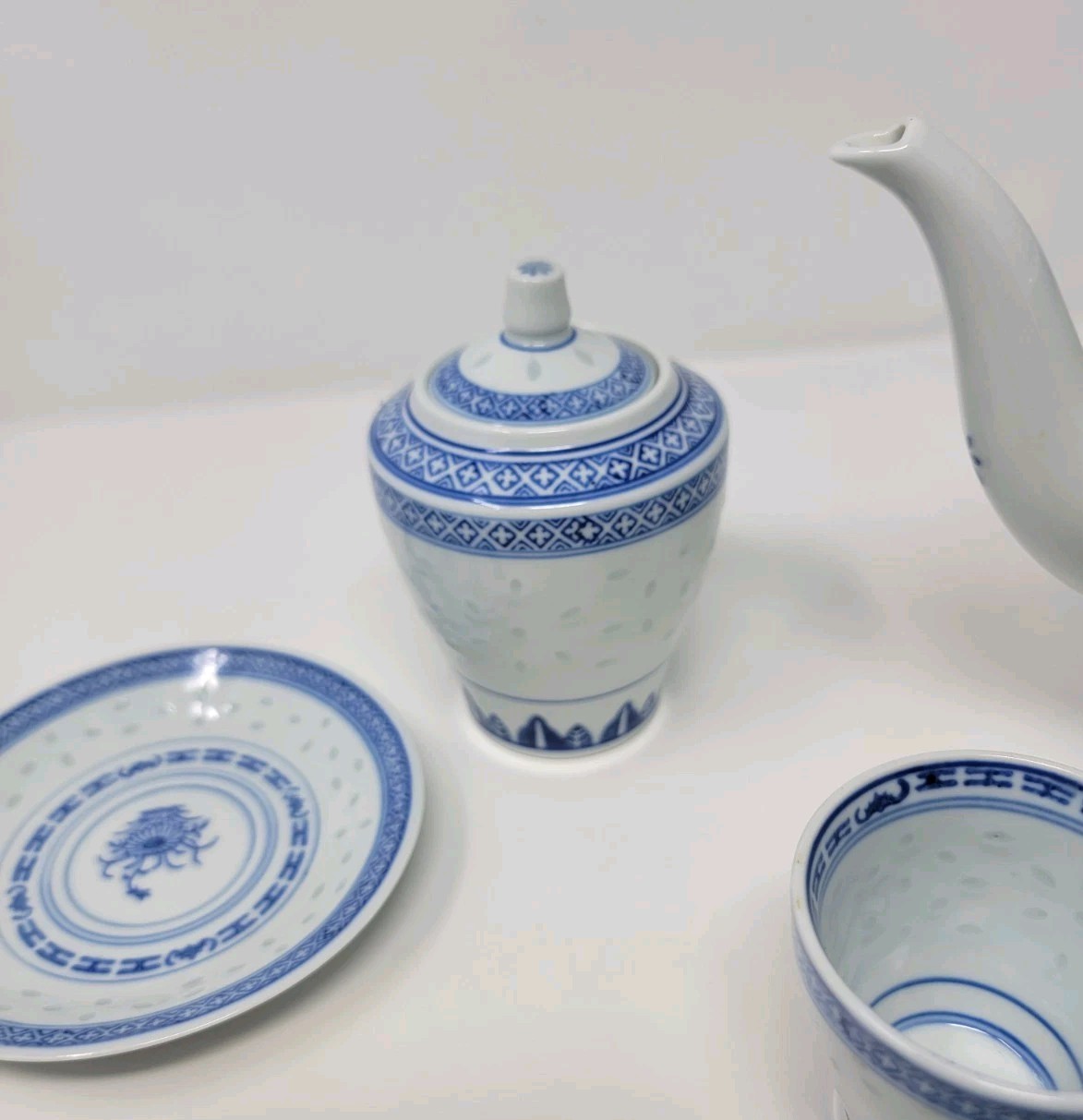 Vintage Rice Grain Pattern Blue Floral Tea Set