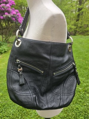 B. Makowsky Black Pebbled Leather Hobo Shoulder Bag Silver Ring Hardware Leopard