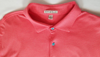 Peter MiIlar Men's Large 100% Cotton Coral Orange Micro Striped Polo Golf Shirt