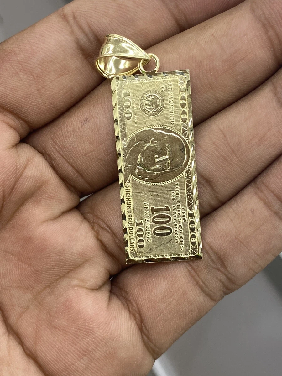 10KT Yellow Gold Men s Custom 100 Dollar Bill Pendant Diamond Cut