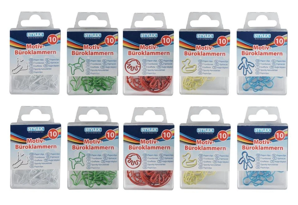 STYLEX SCHREIBWAREN 100 (10x 10) Motiv-Briefklammern / Büroklammern / 5 verschiedene Farben & Motive