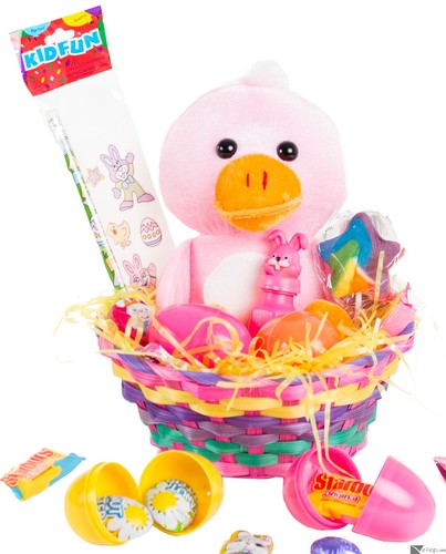 Cute Plush Duck Toy Treats Filled 26pc Easter Gift Basket Kit, 4 Color Choices - Picture 10 of 12