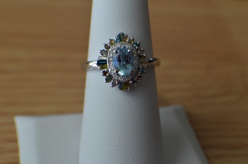 1.25ct Santa Maria Aquamarine / Multi Diamond Ring Rhodium over Fine Silver Sz 7 - Picture 10 of 17
