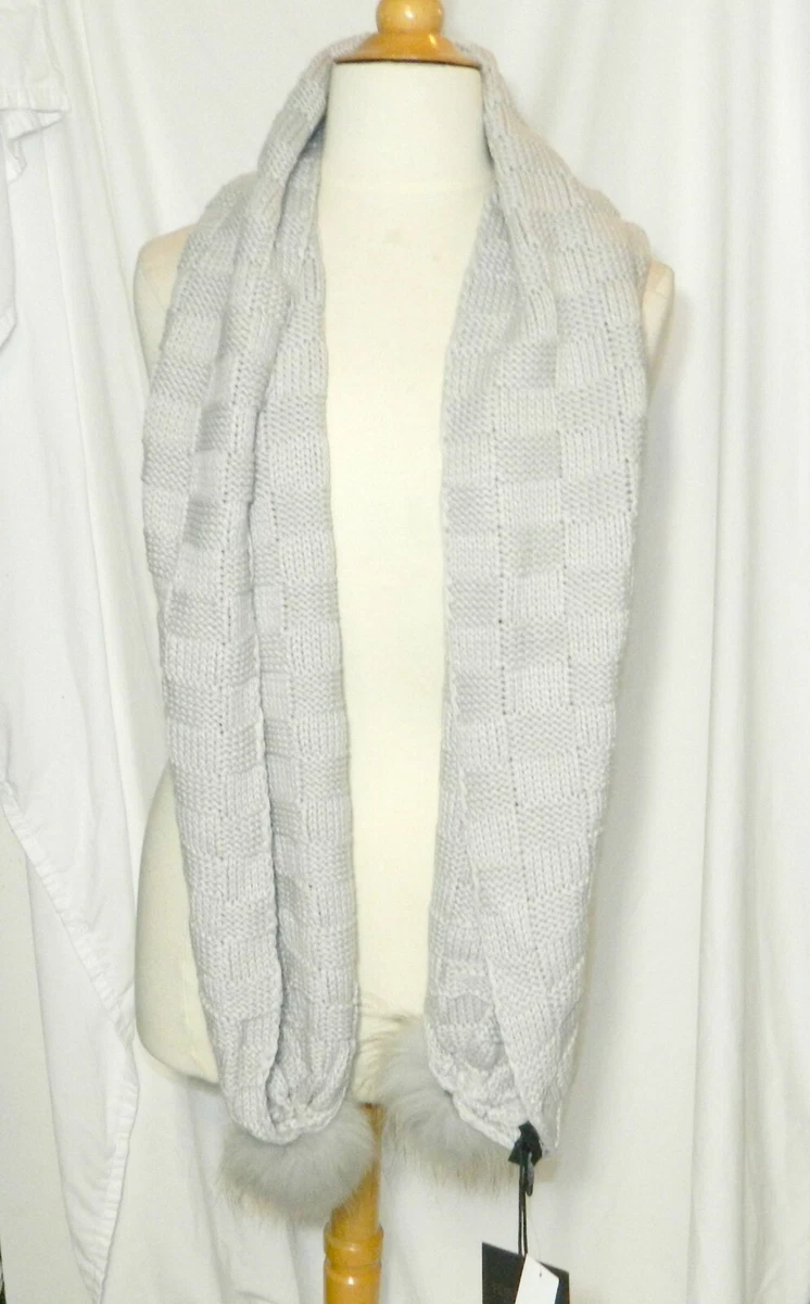 Tom Eva 95 Light Grey Basket Weave Scarf with Raccoon Poms NWT