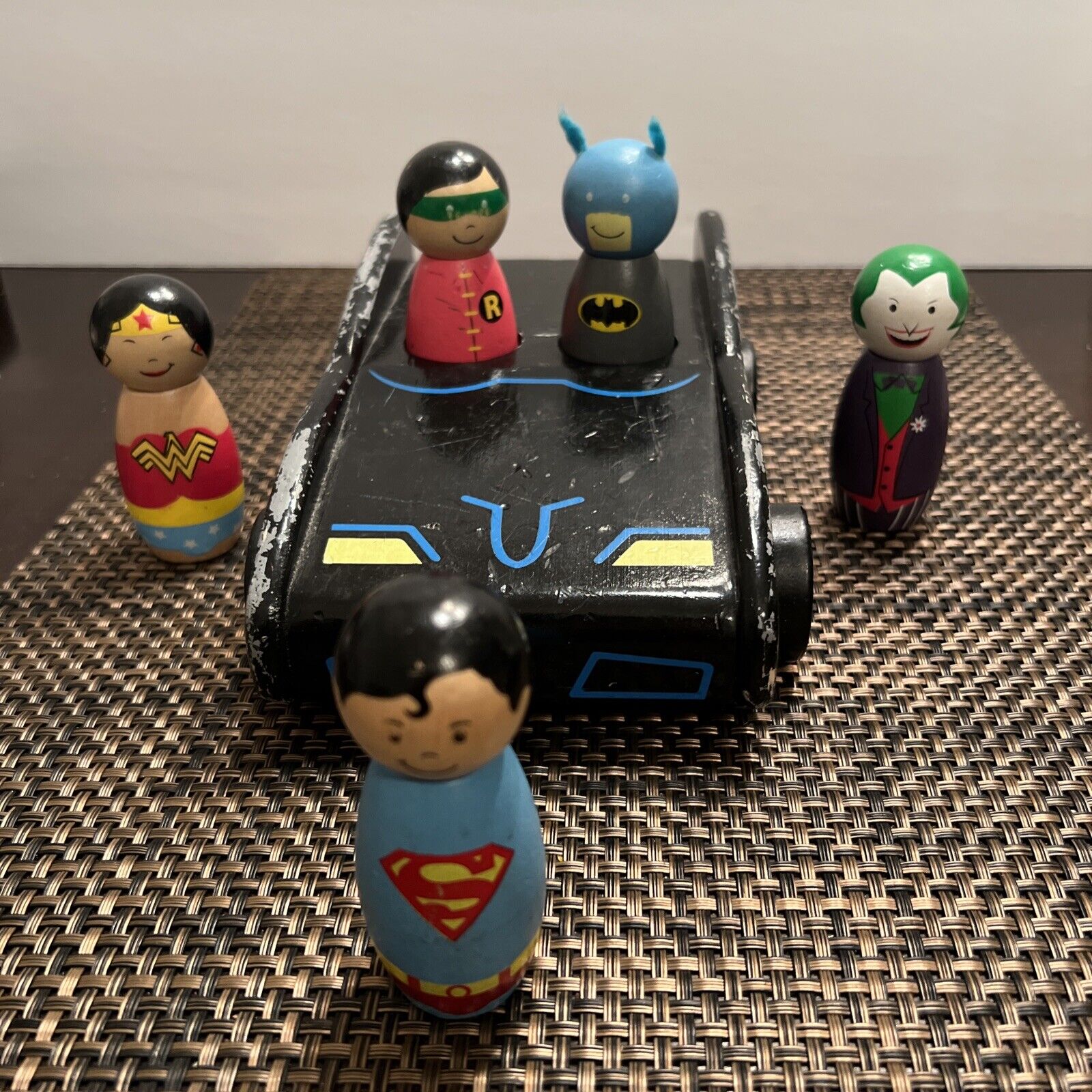 Pottery Barn Kids DC Comics Wooden Peg Figures Lot With Batmobile