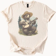 Bear Shirt Unisex Playing Banjo Nature Graphic Cotton TShirt Natural Color