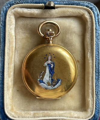Antique 14K Pocket Watch with Enamel Diamonds Remontoir Cylindre 10 Rubis 