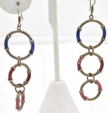Vintage Sterling Silver  red blue  Pink enamel Ladies triple Circle earrings