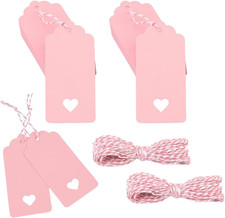 100Pcs Gift Tags with String, Pink Paper Tag with Hollow Heart, 3.7 X 1.7Inch Mo