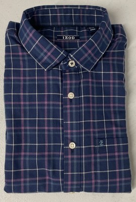 IZOD Men Luxe Touch Long Sleeve Plaid Button Shirt BLUE/PURPLE MEDIUM Modern Fit