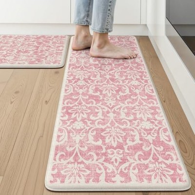  Pink Kitchen Mat Sets of 2, Vintage Distressed Anti Fatigue Memory Foam 