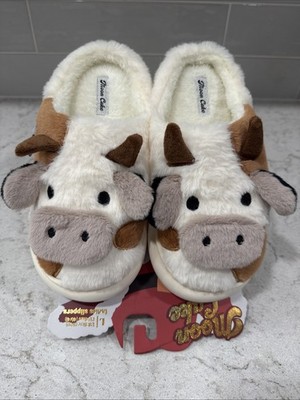 COW Ladies L Size 9/10 Memory Foam Hood Back Slippers House Shoes Faux Fur