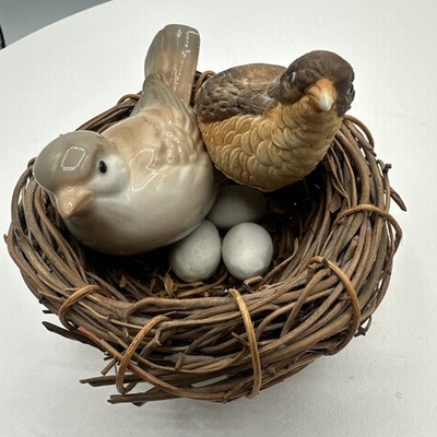 Vintage Porcelain Bird Nest Figurine Set 2 Birds 3 Eggs Woven Twig Nest Decor