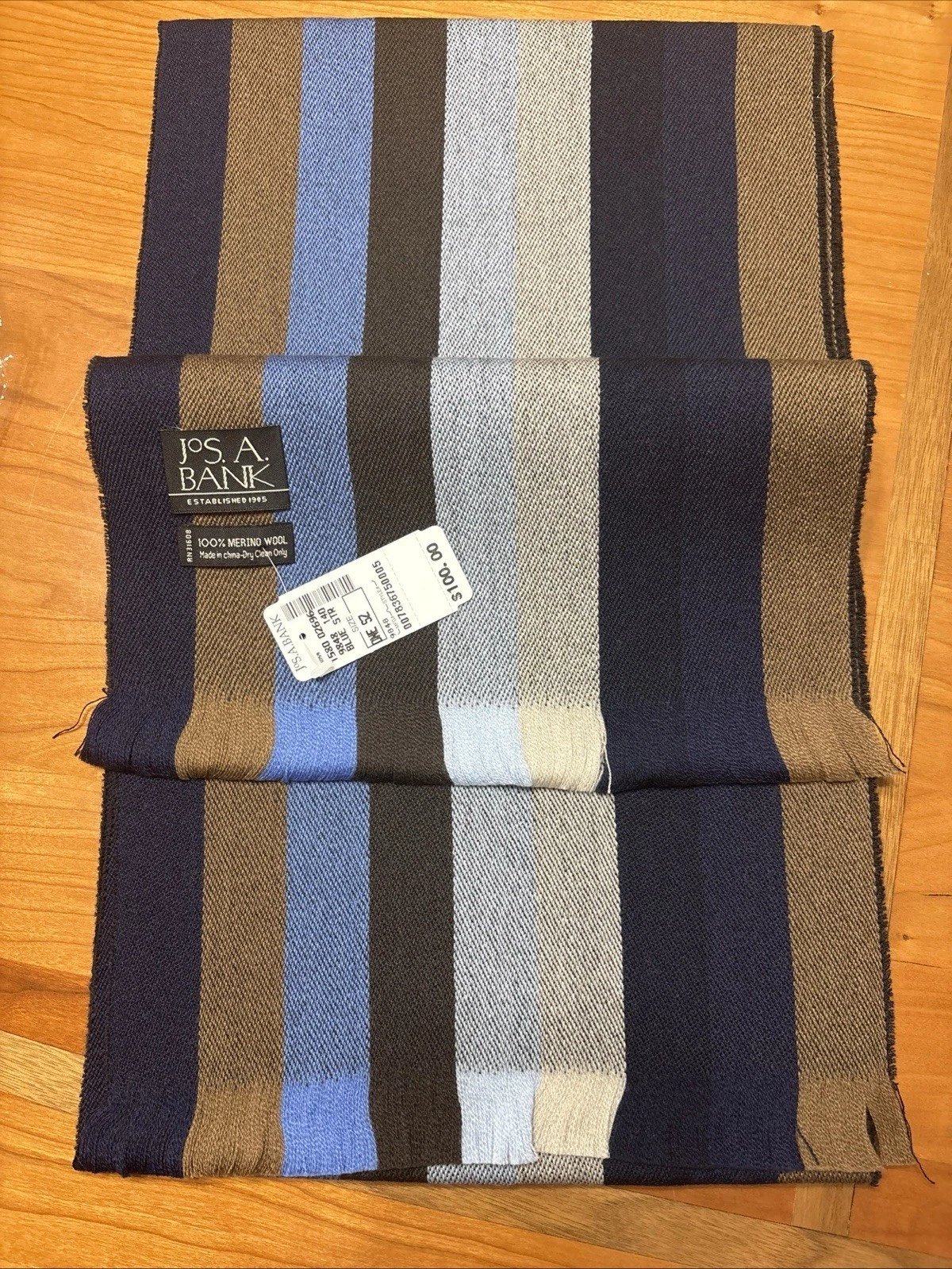 Joseph A. Banks New 100% Merino Wool Scarf Navy Blue Gray Striped Fringe 63x11
