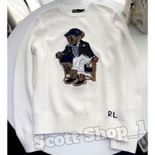 POLO RALPH LAUREN Seated Polo Bear White Cotton Knit Sweater Men's Size XL NWT