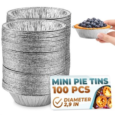 100 Pcs Disposable Egg Tart Tins - 3'' Aluminum Mini Pie Tins, 100Pcs, Silver