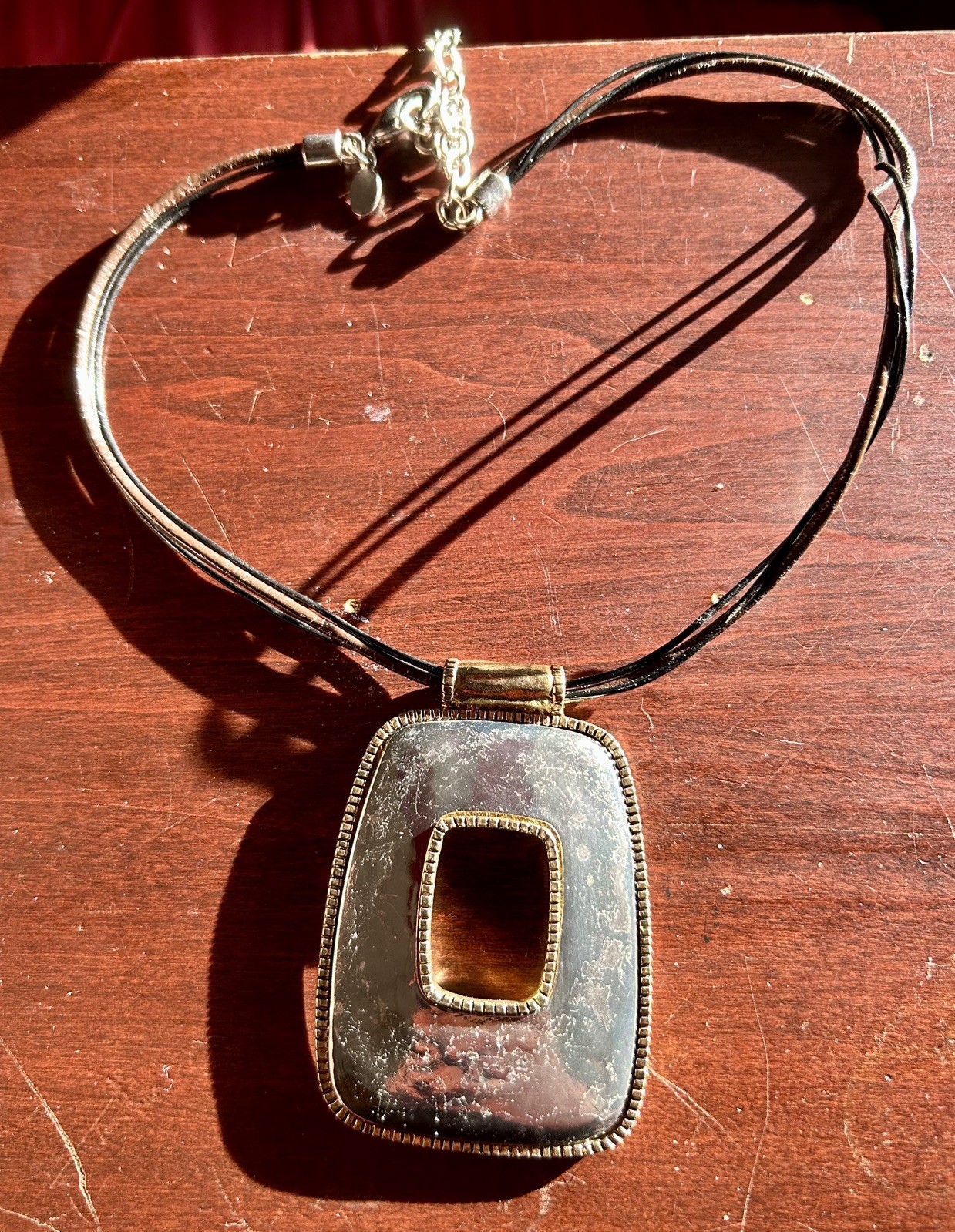 Chunky Silver-Tone Rectangle Pendant Necklace on Black Cord