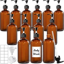 12 Pack Amber Glass Bottles 16Oz with Pump Dispensers, Refillable Empty Pump Bot