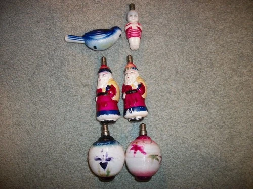 Set of 6 Vintage Japanese milk glass Christmas light bulbs. Lantern, Santa, bird