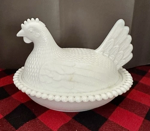 Vintage White Milk Glass Nesting Hen Chicken Farmhouse Candy Dish, Beaded Base