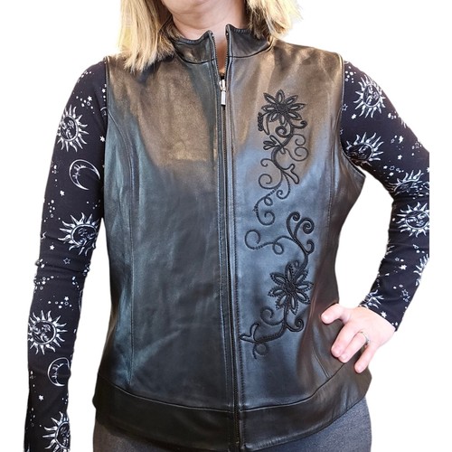 Y2k schwarz Leder Blumen bestickt Reißverschluss Weste groß Biker kantig gefüttert - Bild 10 von 10
