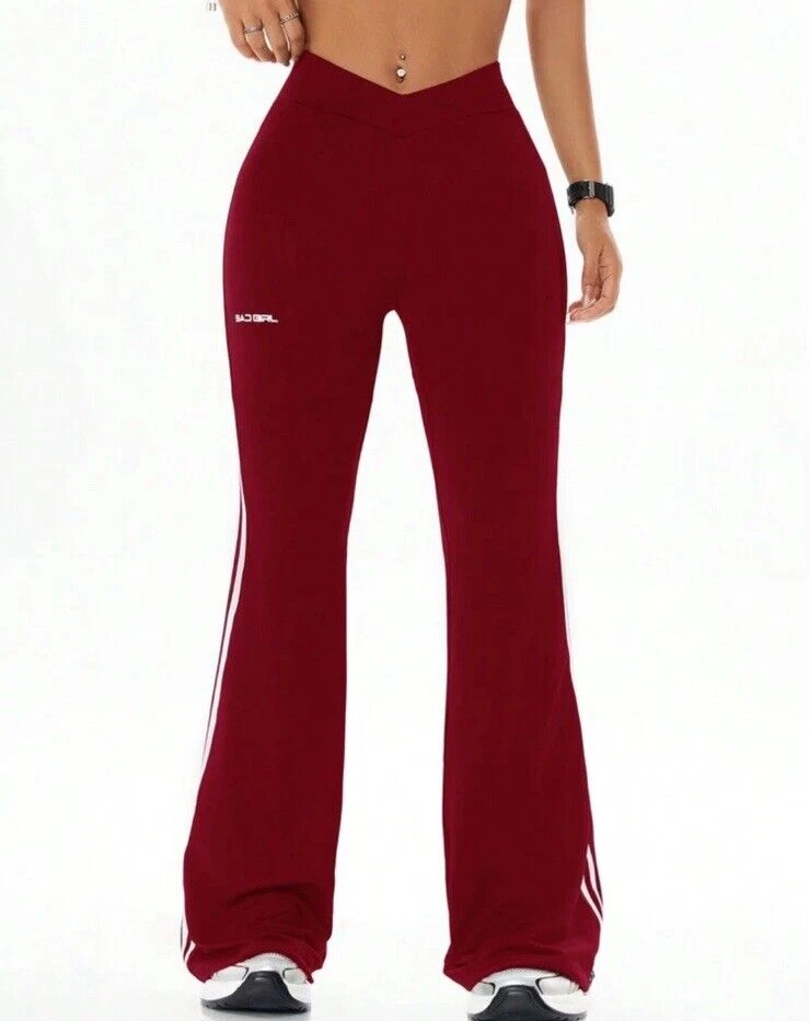 Leggings de yoga de cintura alta para mujer - rojos con rayas blancas, acampanados, talla M Foto 3 de 4
