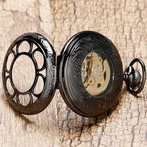 Vintage Hollow Case Unisex Skeleton Mechanical Hand Wind Pocket Watch Pendant - Picture 4 of 10