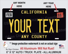 California Black CUSTOM TEXT  Personalized vanity License Plate AUTO, SOCAL