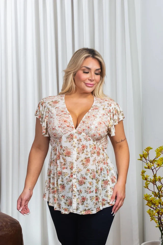 Sexy BLANCO Floral TALLA 2X V Cuello CAMISA TOP Mujer Plus MANGA CORTA Cintura Imperio Foto 3 de 4