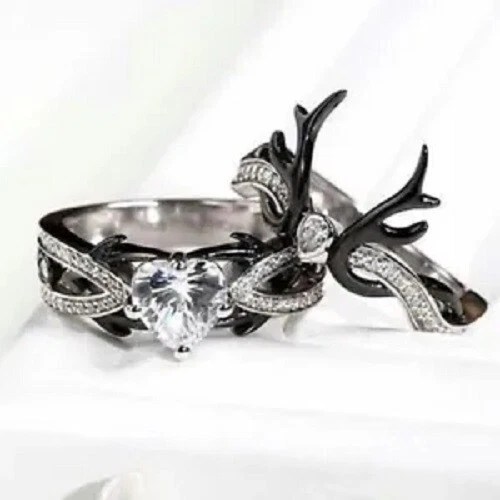 2CT Heart Black Deer Solitaire Lab Created Diamond Gothic Ring Set In 925 Silver