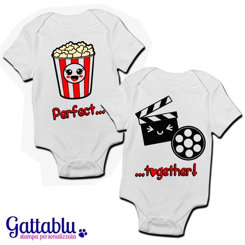 Coppia body pagliaccetti neonati bimbi Perfect Together pop corn e film  kawaii! | eBay