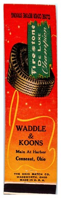 Vintage Firestone Tire Matchbook Cover Agent Waddle & Coons Conneaut, OH 