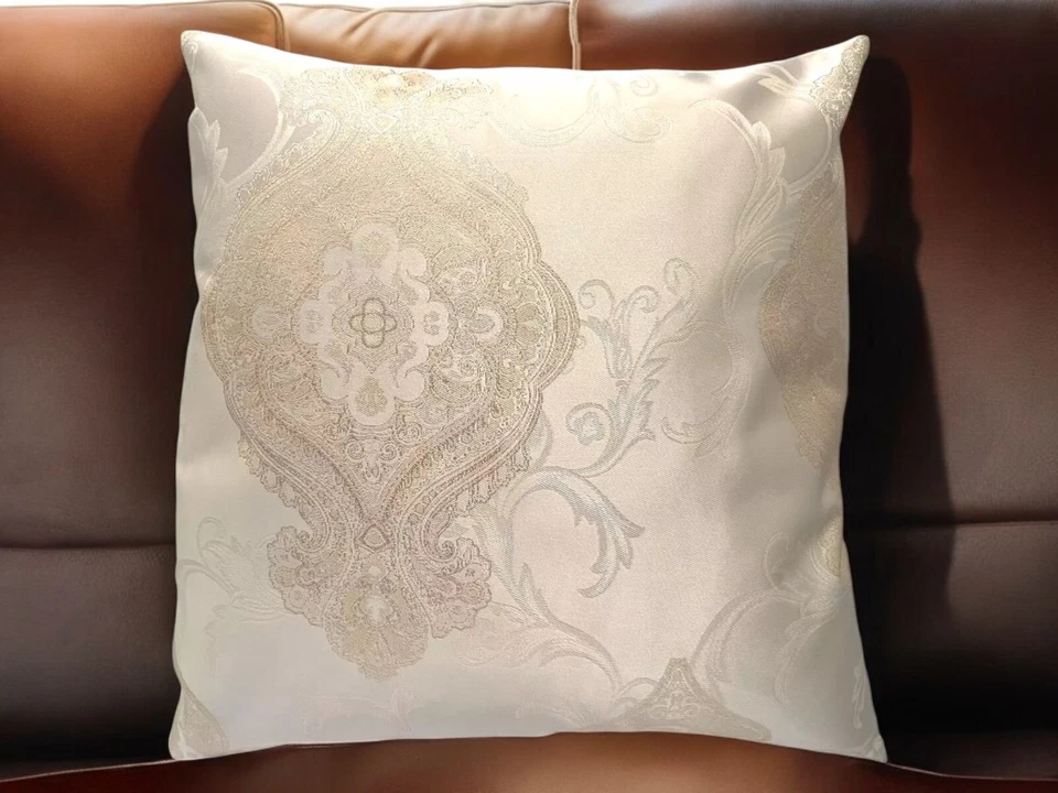 SET OF 4 CUSHION COVERS Cream Golden Thread Jacquard Damask 18x18" - Image 2 of 4